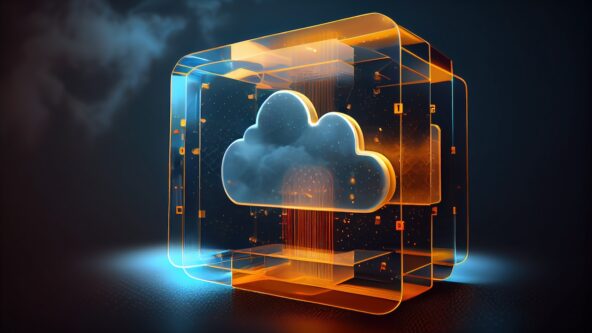 Digital informational technology web futuristic hologram with cloud icon, blue golden light digits and code background, cloud computing. Abstract Motion of digital data flow. - Generative AI